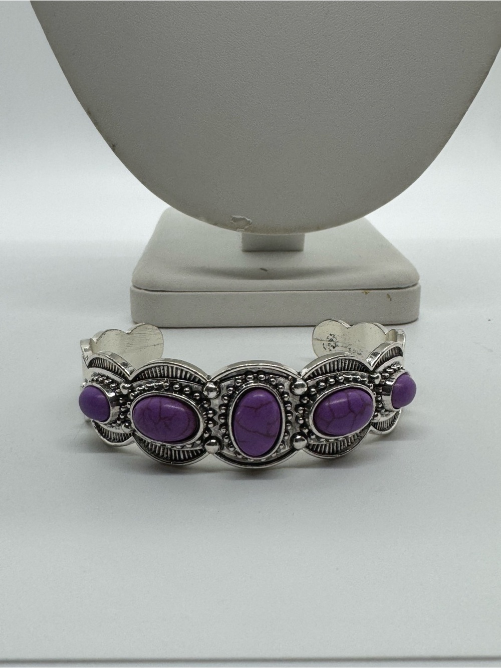 Purple Stone Cuff Bracelet Silver Tone Southwestern Boho Statement Jewelry